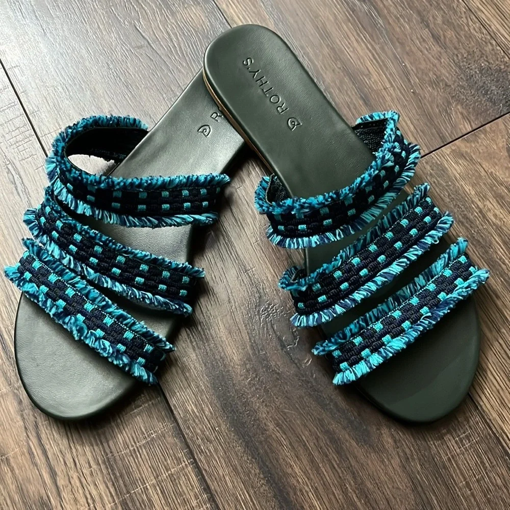 NEW‎ Rothy’s Triple Band Teal Navy Blue Fringe Sandals Size 11